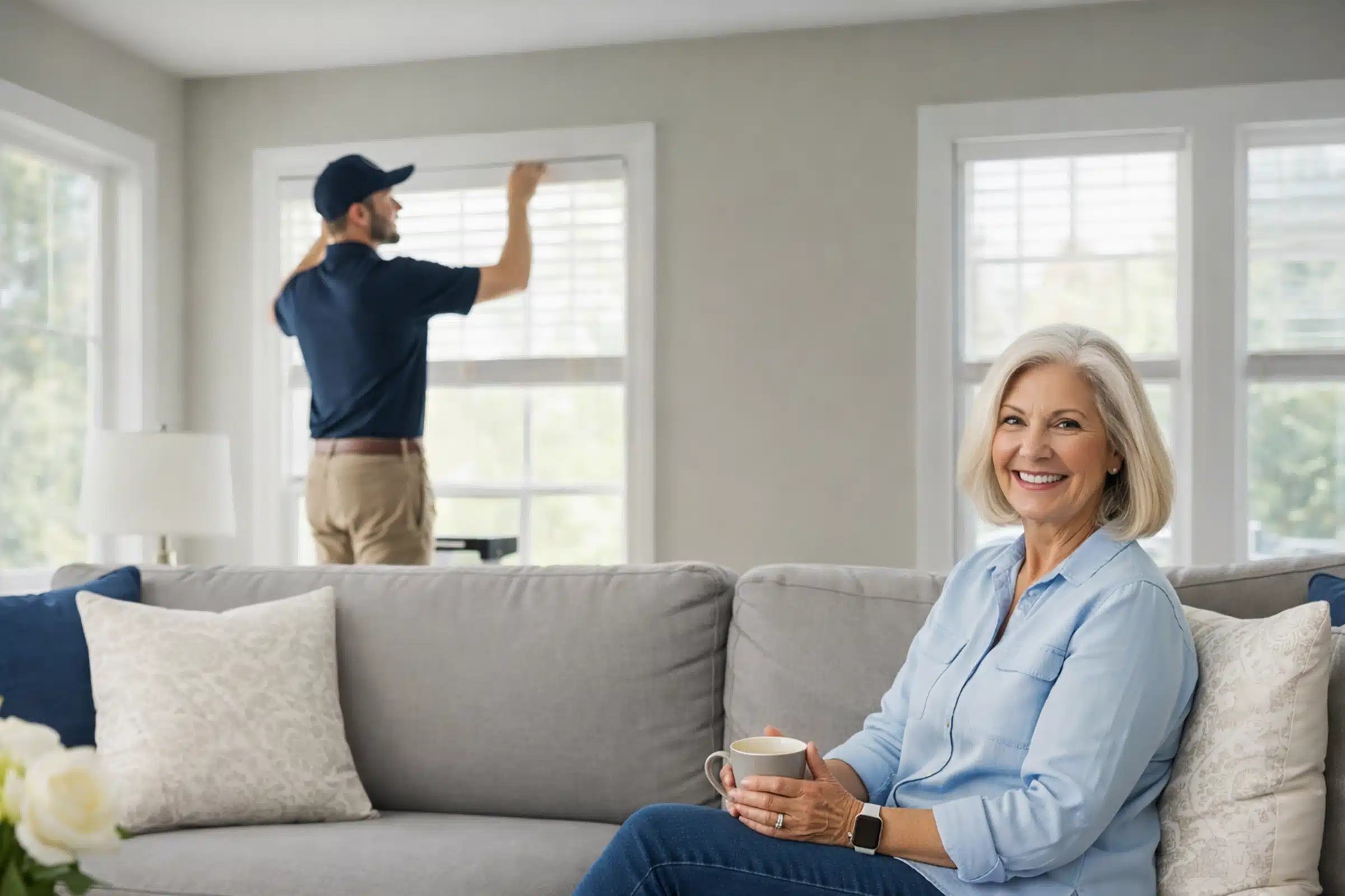 Homeowner comfortable sitting on couch while Nirvana Home Concierge sets us blinds